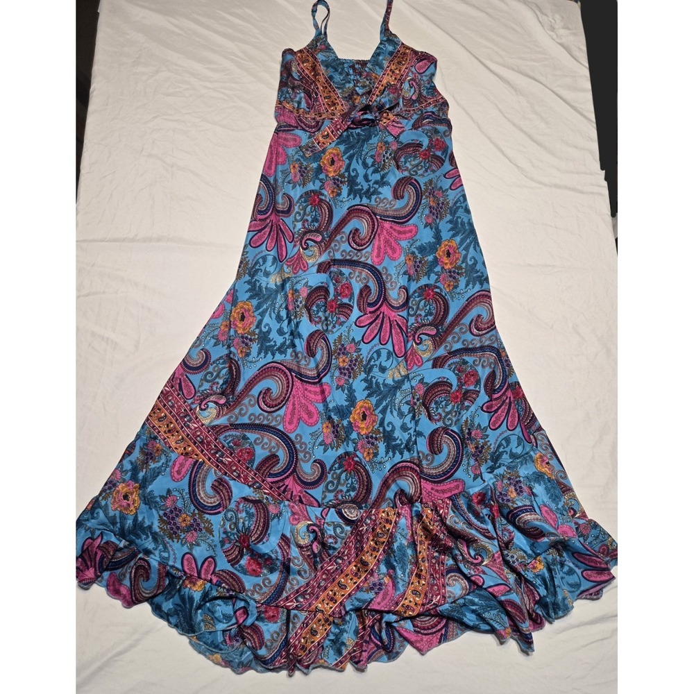 Bohemian Silk Maxi Sundress Paisley‎ Smocked Bodice Ruffled XS/Small Unlabeled
